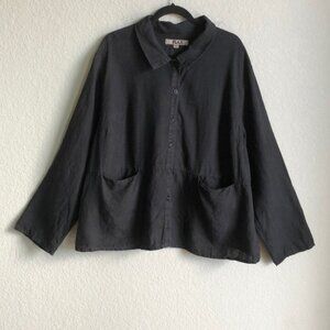 Flax Womens Linen Long Sleeve Shirt Jacket Shacket Black 1G Coastal